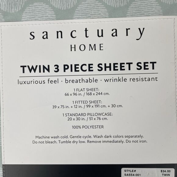 Sanctuary Home 3-Piece Twin Sheet Set Printed Green White Pattern New Luxurious - Picture 3 of 8